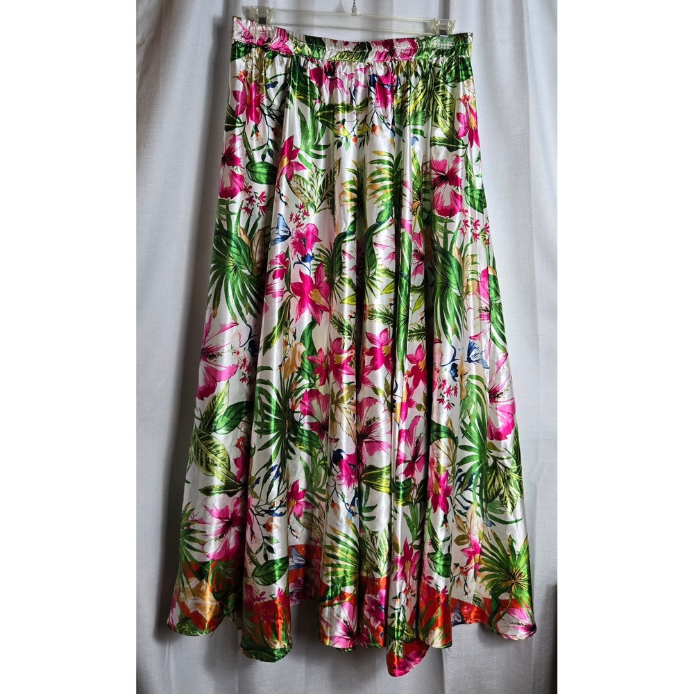 TRULY 4 YOU Tropical Floral Satin Maxi Skirt‎ Women's Size L Elastic Waist Flowy
